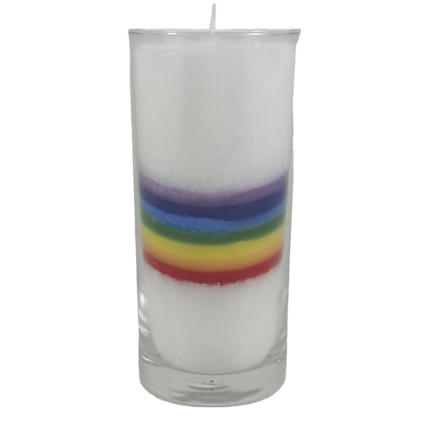 Chakra Kerze weiß Chakra Bogen (multicolor)